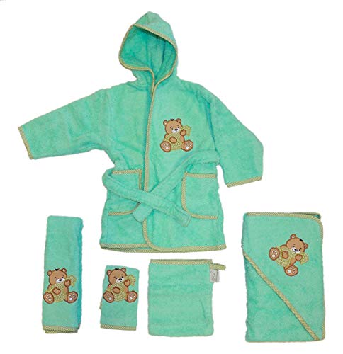 Baby Handtuch Set mit Bademantel Bären Motiv 5-tlg. 100% Baumwolle in versch. Farben, Farbe:mint