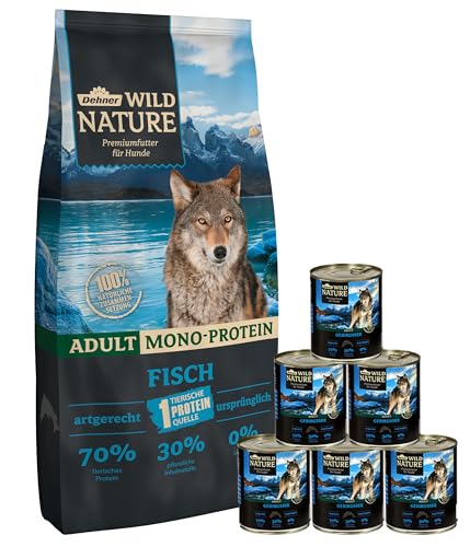 Dehner Wild Nature Hundefutter Set Gebirgssee, getreidefrei/zuckerfrei, für ausgewachsene Hunde, Lachs, 1x Trockenfutter 12 kg, Nassfutter 6 x 800 g Dose