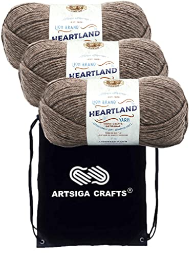 Lion Brand Heartland Mammoth Cave 136–125 (3 Knäuel – gleiche Farbmenge) Kammgarn zum Häkeln und Stricken, Acrylgarn zum Häkeln und Stricken, Bündel mit 1 Artsiga Craft-Projekttasche