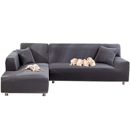 Jianyana JIAN YA NA Stretch Sofabezüge Polyester Spandex Stoff Slipcover 2ST Polyester-Gewebe Stretch Slipcovers + 2St Kissenbezüge für Sectional Sofa L-Form Couch (Grau)