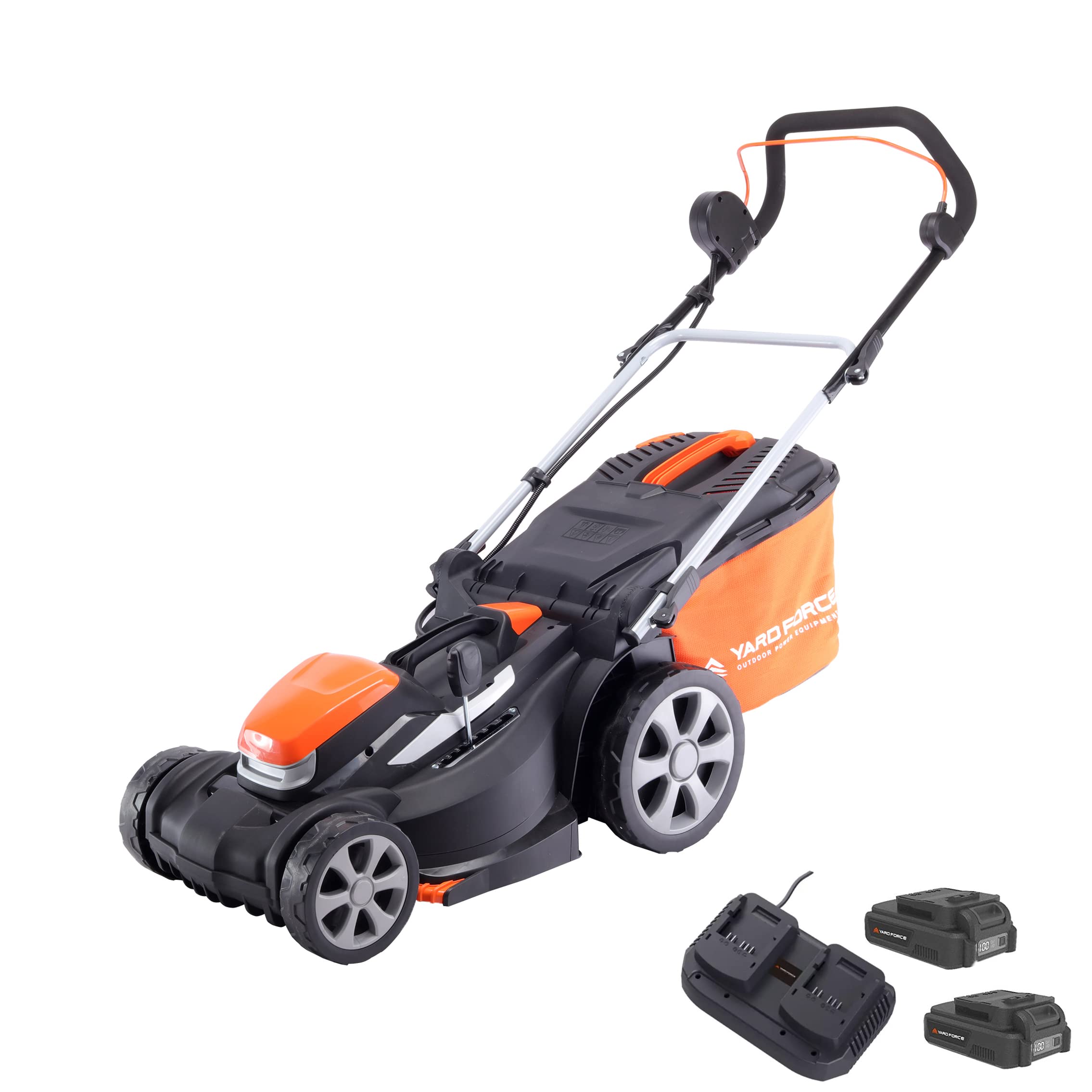 Yard Force - Kabelloser Rasenmäher, 40 cm, mit 2 x Lithium-Ionen-Akku 20 V und Schnellladegerät – LM C40A, LM C40A-EU, Orange, Schwarz, Grau