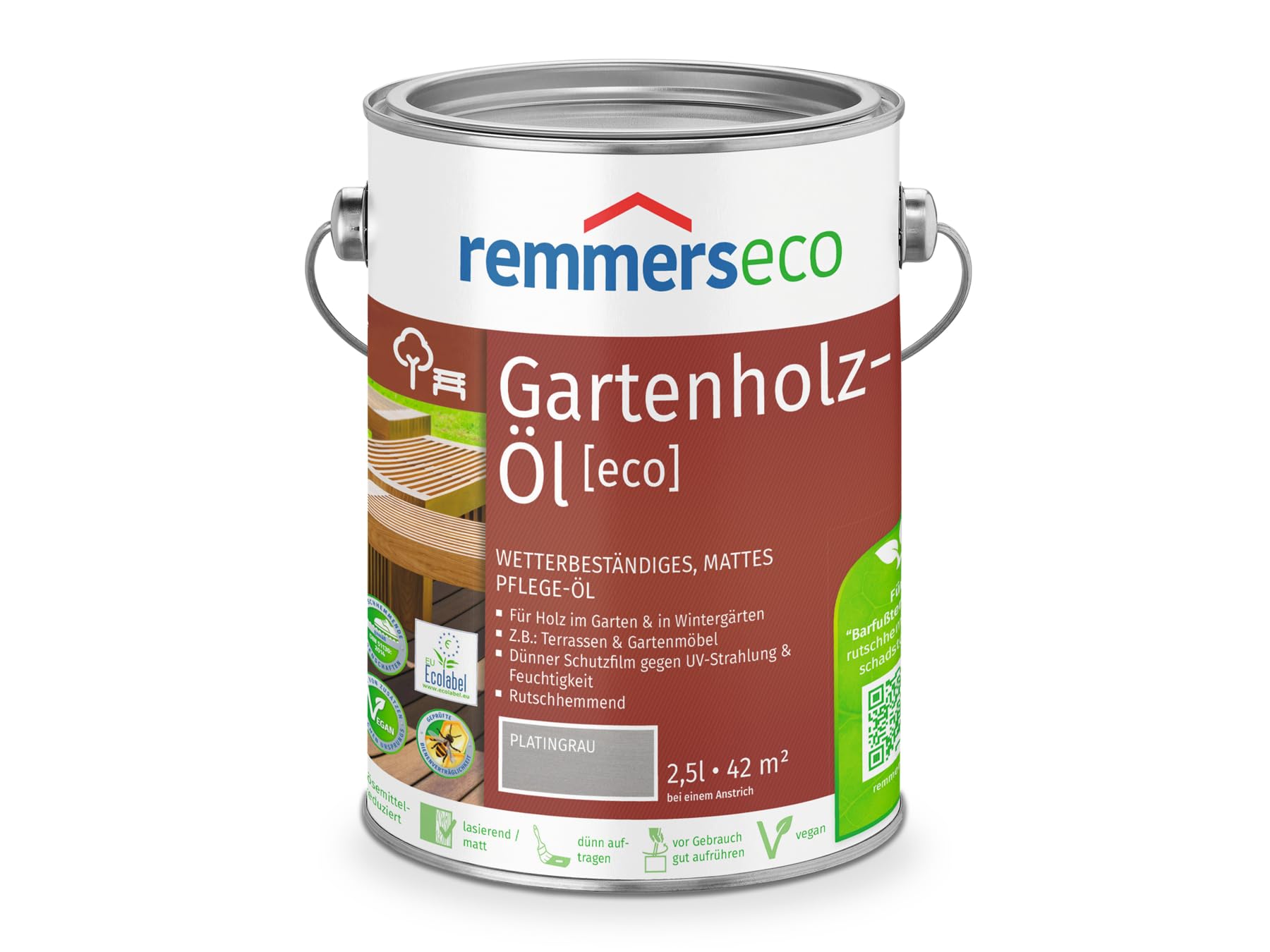 Remmers Gartenholz-Öl [eco] platingrau, 2,5 Liter, Wetterbeständiges, mattes Öl, aussen und innen, optimal für Terassen & Gartenmöbel, rutschhemmend