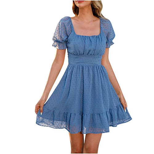 RKaixuni Damen Niedlich Süß Chiffon Krawatte hinten Eckiger Ausschnitt Kurze Puffärmel Sommer Rüschen A-Linie Sommerkleid Kurz Minikleid, blau, Small