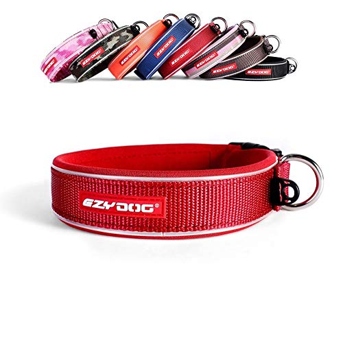 EzyDog Hundehalsband für Große, Mittelgroße, Mittlere & Kleine Hunde - Halsband Hund Neopren Gepolstert, Wasserfest, Reflektierend (S, Rot)