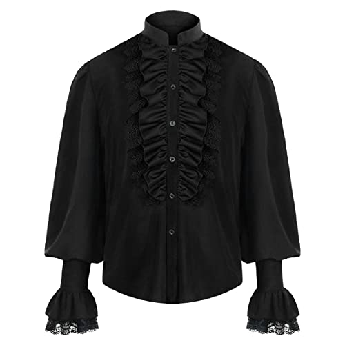 Renaissance-Piraten-Hemd für Herren, Vampir, viktorianischer Steampunk, Gothic, gerüscht, mittelalterliches Weihnachten, Halloween-Kostüm, Schwarz , XXL