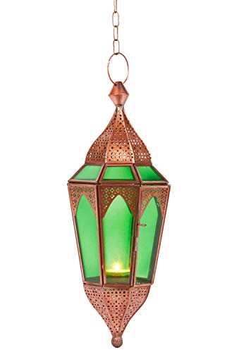Orientalisches Windlicht Laterne Glas Lalita Grün 41 cm groß | Orientalische Glas Teelichthalter Hängewindlicht mit Henkel orientalisch | Marokkanische Windlichter hängend als Hängewindlichter