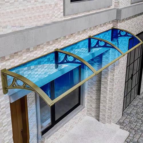 Vordach für Haustür,Blau Pultbogenvordach,Pultvordach,Schutz Gegen Regen und Uv-Strahlen Pultvordach,Gold Aluminium Rahmen,Türvordach für Terrasse Veranda,Selbstreinigung (100x300cm/39 x118)