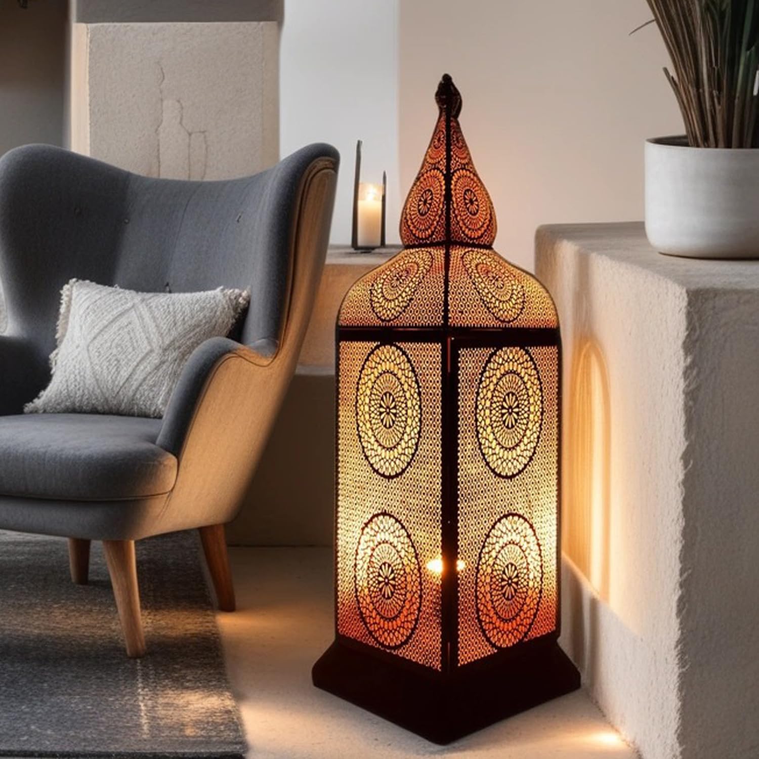 Orientalische Stehlampe Lampe Uhuru 75cm Schwarz E27 | Marokkanische Flurlampe Gross aus Metall, Lampenschirm Schwarz | Stehleuchte modern, Flurleuchte für Vintage Stil Design