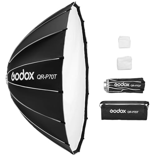 Godox QR-P70T 70 cm/27,5 Zoll parabolische Tiefe Softbox, Schnellverschluss, Faltbare Softbox mit Standard-Bowens-Halterung und Diffusoren für Blitzgerät Speedlite Dauerlicht Fotografie Porträt