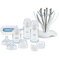 NUK Nature Sense Glasflaschen Set, Nature Sense Babyflaschen mit Temperature Control Anzeige, Trinksauger, Flaschenbürste, Multi Dry und Genius Schnuller