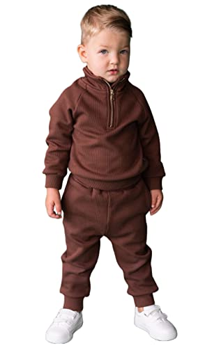 DreamBuy Kinder Fleece-Trainingsanzug – 2 Stück Jungen und Mädchen – gerippte Baumwolle, walnuss, 4-5 Jahre