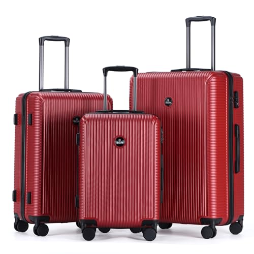 Blade Kofferset 3 Teilig - Hartschalen Koffer Trolleys - Leichter Rollkoffer Handgepäck aus ABS+PC mit TSA Schloss - 4 Spinner Räder Koffer - 3er Reisekofferset (Wine Rot-Set)