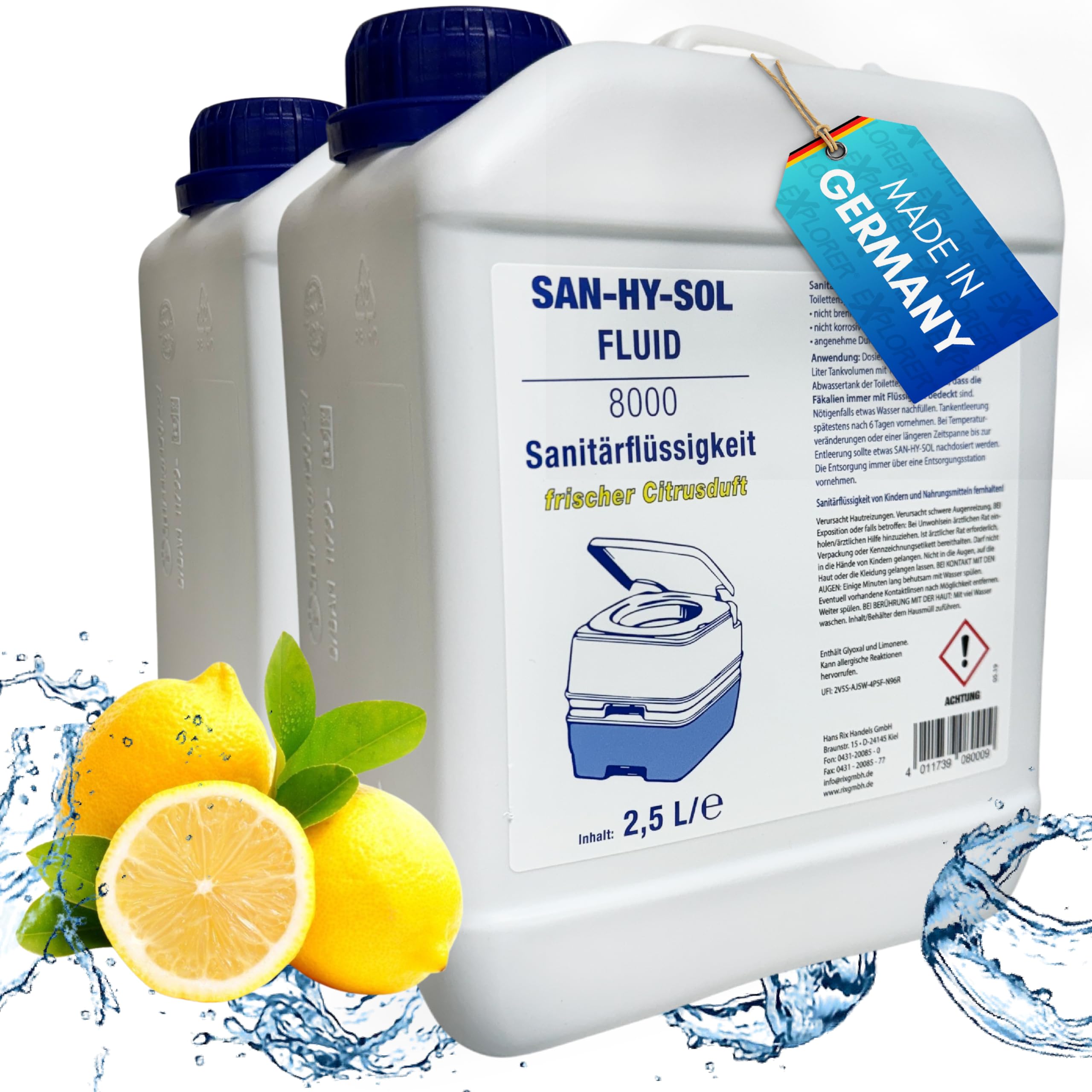 EXPLORER® San-Hy-Sol Sanitärflüssigkeit für Campingtoilette 5L (2x2,5L) made in Germany wie Aquakem Blue mit frischem Zitronenduft Temperaturbeständig & Wirkungsvoll