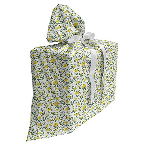 ABAKUHAUS Blume Baby Shower Geschänksverpackung aus Stoff, Blühende Land-Blumen, 3x Bändern Wiederbenutzbar, 70 x 80 cm, Grün, Gelb und Creme