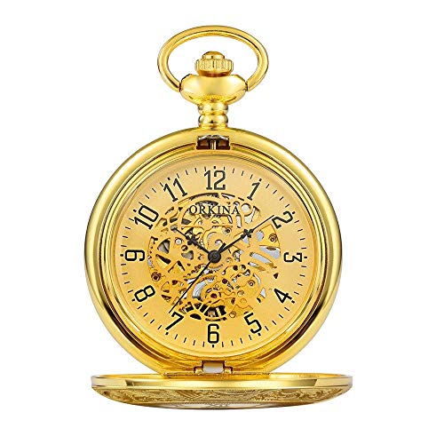 Quarz Taschenuhr, Taschenuhr mit Kette Herren Open Face Steampunk Gold Skelett Mechanische Uhr Herren Mechanische Taschenuhr (Gold)