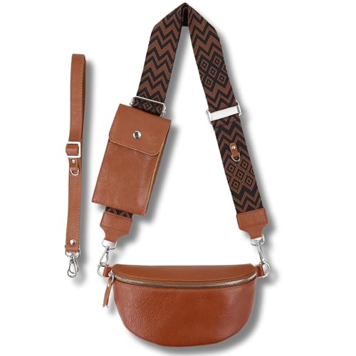 Blade Bauchtasche Damen Echtleder, stylisch Umhängetasche Damen, Crossbody Bag Damen mit 2 abnehmbaren verstellbaren Schultergurten und mit Handytasche für Frauen-BRAUN (Groß/Opt-6)