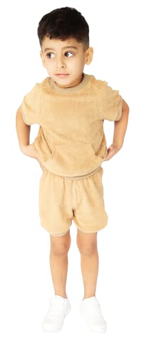 Trainingsanzug aus 100 % Baumwolle, 4 Farben, Unisex, Jungen, Mädchen, Kinder, Kleinkinder, Baby, Rundhalsausschnitt, Sommer-Teddys, 2-teiliges Outfit Gr. 2-3 Jahre, sand