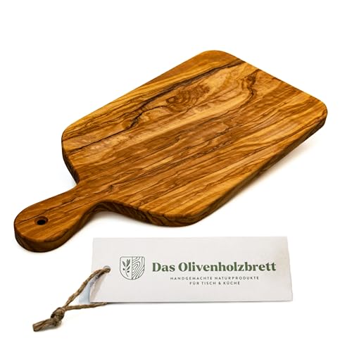 das Olivenholzbrett® rechteckiges Schneidebrett mit Griff aus Olivenholz/Kräuterbrett mit Griff aus Olivenholz/Servierbett mit Griff/Schneidebrett mit Griff und abgerundeten Ecken / 35cm