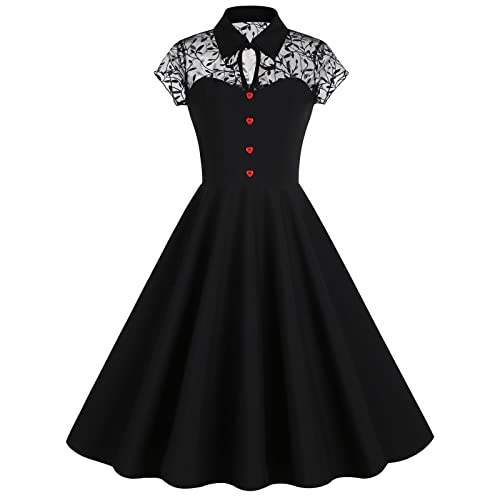 RKaixuni Damen-Kleid im klassischen 1950er-Jahre-Stil, mit Reverskragen, Netzstoff, kurzärmelig, plissiert, Hochzeitsgästekleider, Schwarz , L