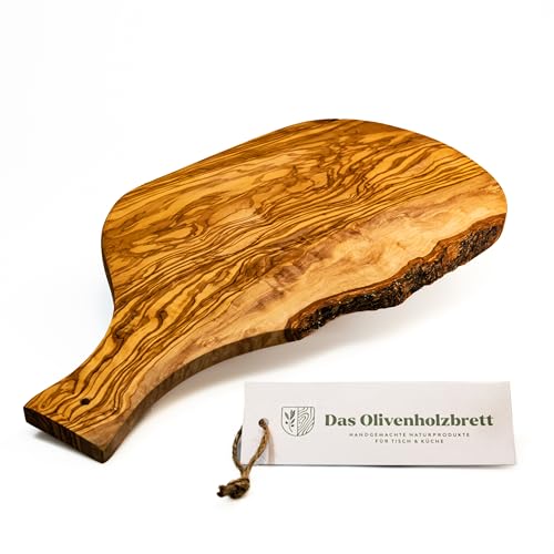 DAS OLIVENHOLZBRETT® Schneidebrett, Servierbrett in Naturform mit Griff 40cm