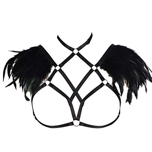 BBOHSS Frauen Feder Body Harness BH Epauletten Damen Day Wings Karneval Gothic Halloween Tanz Kostüm Zubehör (Schwarz)