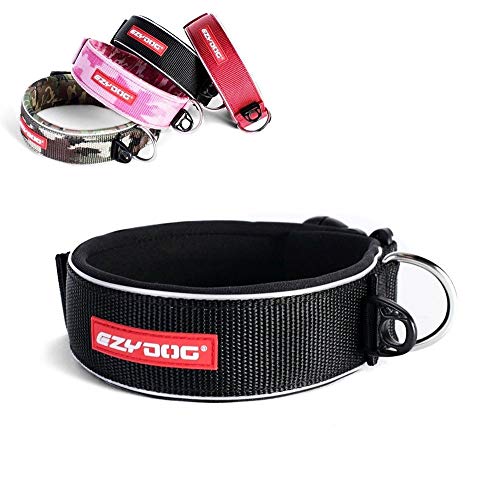 EzyDog Neo Wide - Halsband Hund breit, Hundehalsband für Große Hunde | Neopren gepolstert, reflektierend, wasserfest (XL, Schwarz)