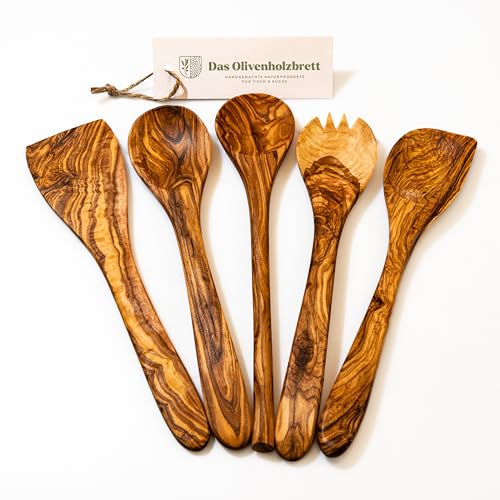 5er Set Pfannenwender, Kochlöffel, Löffel mit Ecke + Salatbesteck Olivenholz, 30cm, Holzlöffel Küchenutensilien Holz, Kochlöffel Holz, Kochlöffel Set aus Olivenholz